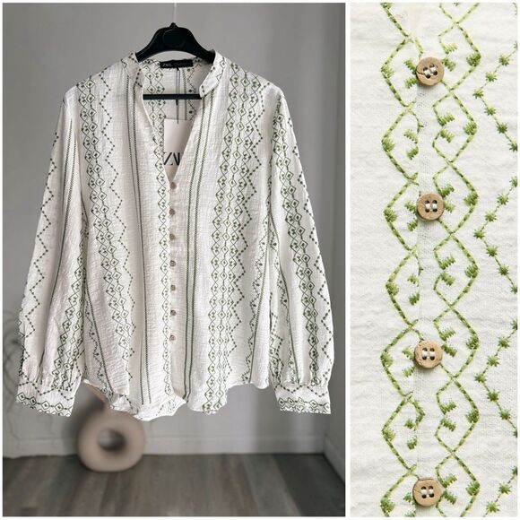 ZARA EMBROIDERED BLOUSE WITH WOODEN BUTTONS - Picture 1 of 8